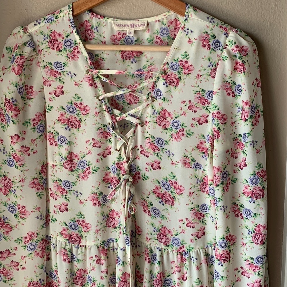 ALTAR’D STATE Long Sleeve Lace Up Floral Mini Dress